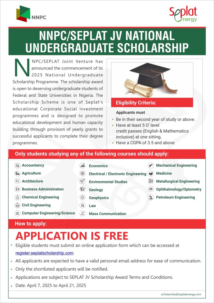 2025 NNPC/SEPLAT JV National Undergraduate Scholarship 

