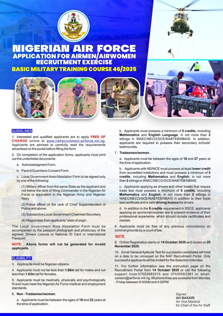 Nigerian Air Force Airmen/Airwomen Recruitment 46/2025