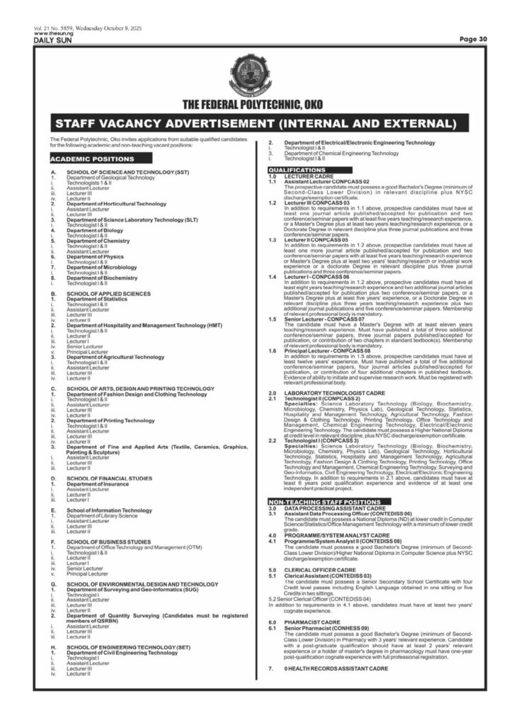 Academic and Non-Academic Recruitment at Federal Polytechnic, Oko