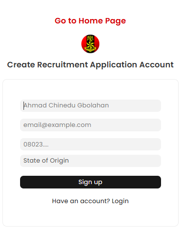 Nigerian Army Recruitment portal sign up page