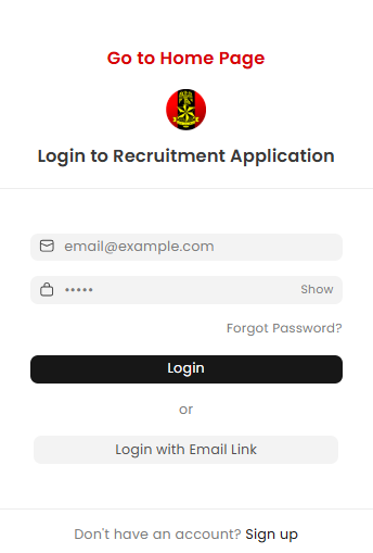 Nigerian Army Recruitment portal sign in page