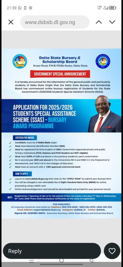 Delta State 2025/2026 Students Special Assistance Scheme (SSAS)